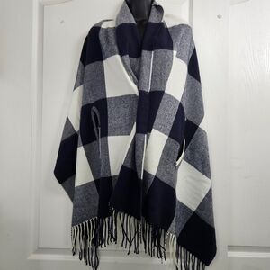 J.Crew Plaid Cape Scarf Poncho Wrap with Armholes Blue and White Buffalo Plaid